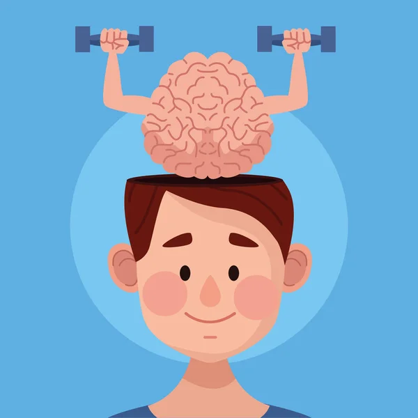 Día de salud mental hombre con mancuernas de levantamiento de cerebro — Vector de stock