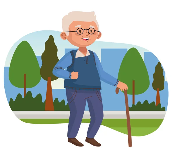 Old man walking with cane in the park active senior character — Stock Vector