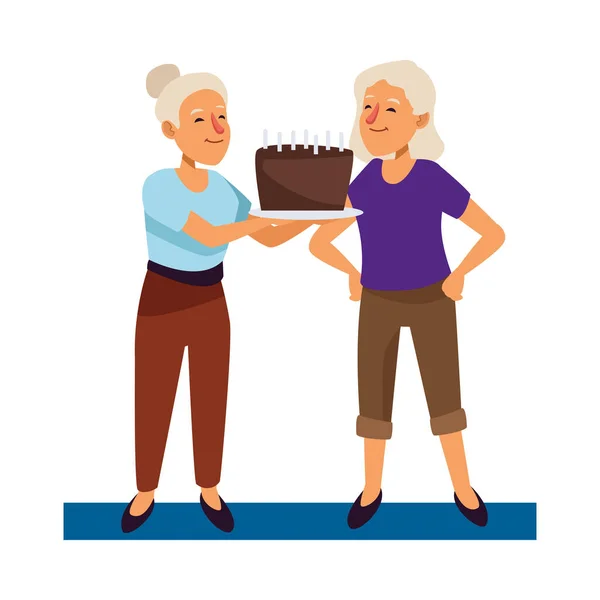 Old women with sweet cake active senior characters — Stock Vector