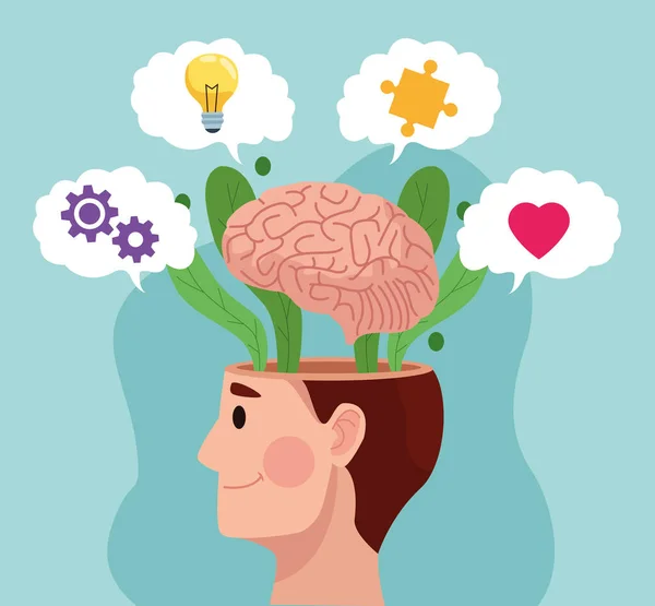 Ruh sağlığı günü insan profili ve belirli öğelerle beyin