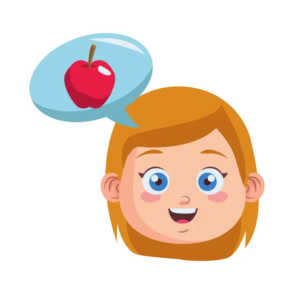 Mignonne petite fille étudiant tête pensée dans pomme personnage — Image vectorielle