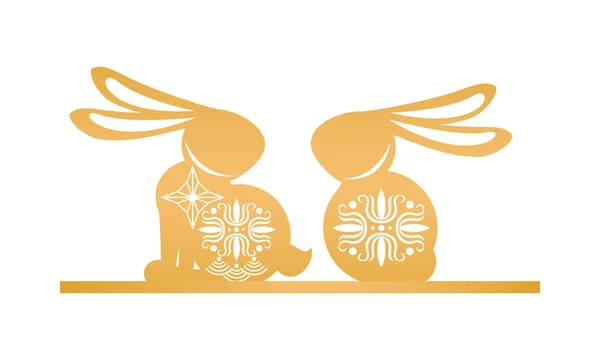 กระต่ายสีทองนั่งกับการตกแต่งกลางฤดูใบไม้ร่วงในไอคอนผิวหนัง — ภาพเวกเตอร์สต็อก
