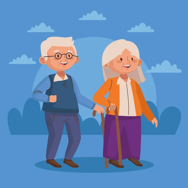 Ηλικιωμένο ζευγάρι που περπατά με ενεργούς ηλικιωμένους χαρακτήρες ζαχαροκάλαμου — Διανυσματικό Αρχείο