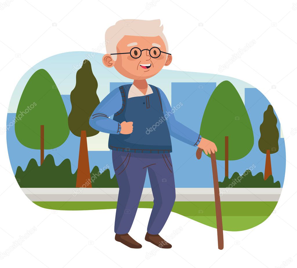 old man walking with cane in the park active senior character