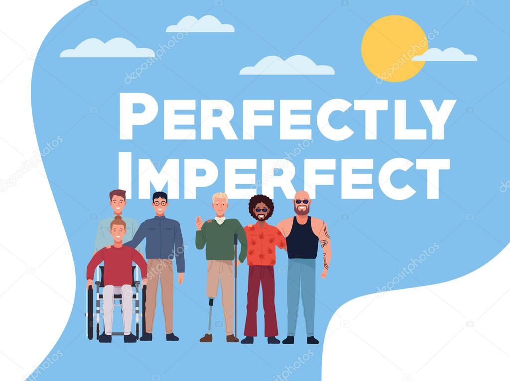 perfectly imperfect people group characters with sky background