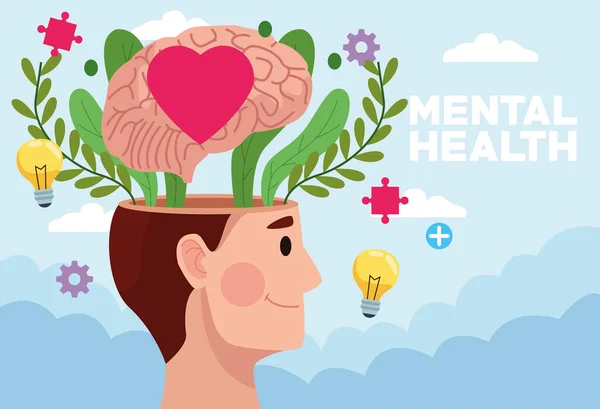 Zdrowie psychiczne dzień człowiek profil i serce w mózgu z ikonami — Wektor stockowy