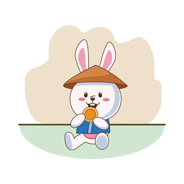 Çin şapkalı ve kurabiye yiyen sevimli bir sonbahar tavşanı. — Stok Vektör
