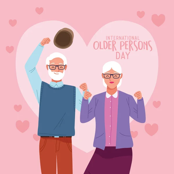 Міжнародний день людей похилого віку з старою парою святкування і серця — стоковий вектор