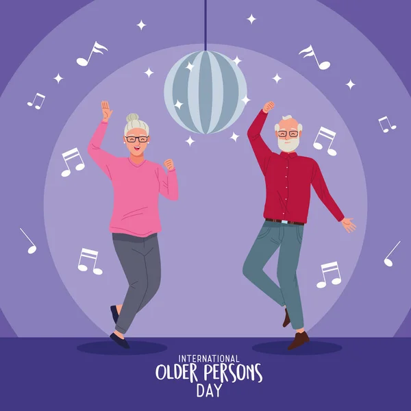 Міжнародний день людей похилого віку з старою парою, що святкують танці — стоковий вектор