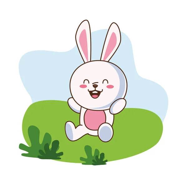 Cute little rabbit character in the field scene — Stock Vector