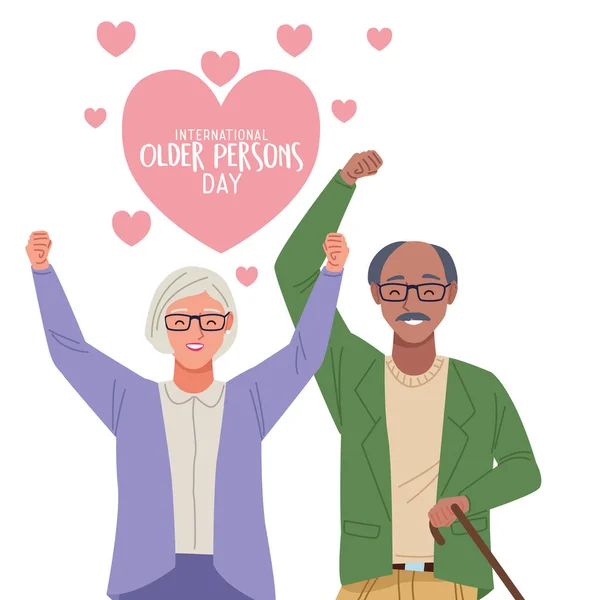 Міжнародний день людей похилого віку з старою парою і серцями — стоковий вектор