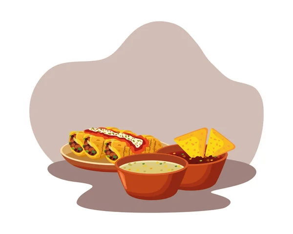 Deliciosos burritos mexicanos en plato y nachos con salsas — Archivo Imágenes Vectoriales