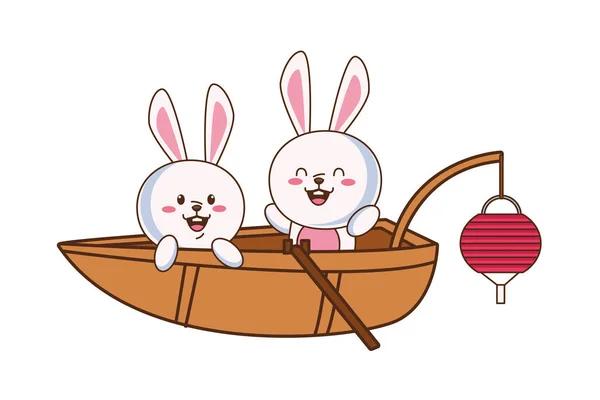 Bonito meados de outono coelhos casal no barco — Vetor de Stock