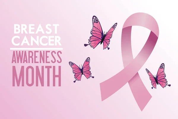 Cartel de campaña del mes de concienciación sobre el cáncer de mama con mariposas y cinta — Vector de stock