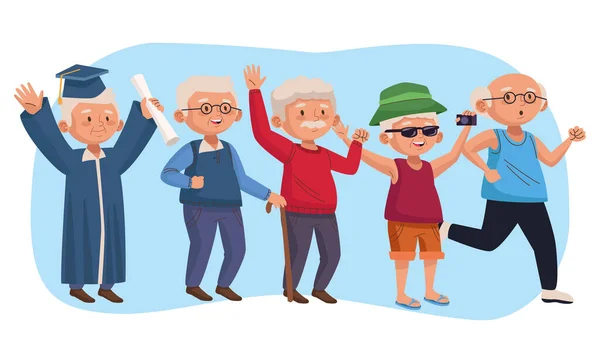 Old people group active seniors characters — Stock Vector