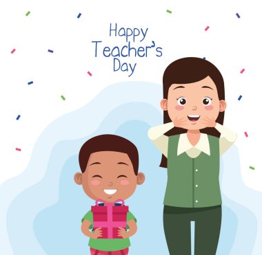 Küçük afro çocuk öğrencili öğretmen hediye karakterleri kaldırıyor.