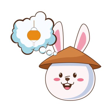 Çin şapkası ve feneriyle rüya balonunda sevimli bir sonbahar tavşanı.