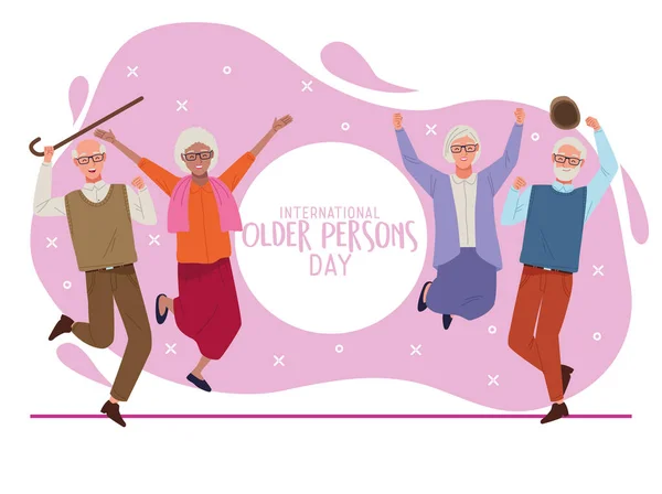 Міжнародний день людей похилого віку з літніми людьми стрибає святкування — стоковий вектор