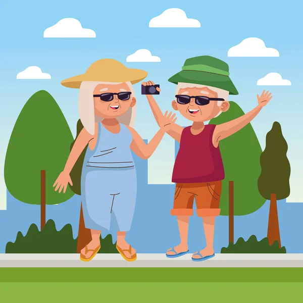Old couple tourist with camera photographic in the camp active seniors — Stock Vector