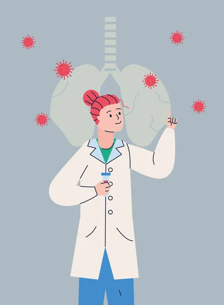 Femmina scientifica con polmoni e merluzzo19 particelle ricerca vaccino — Vettoriale Stock