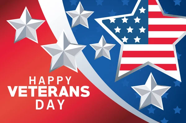 幸せな退役軍人の日のレタリングとともにusa flagで星と色背景 — ストックベクタ