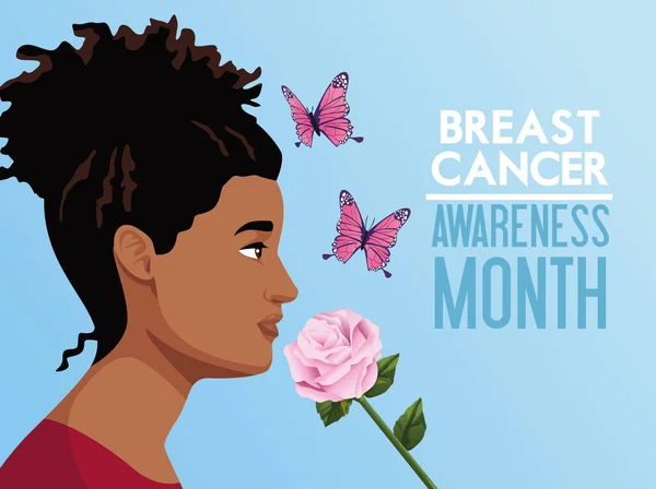 Poster van de campagne van de maand van het borstkankerbewustzijn met afro vrouw en vlinders — Stockvector