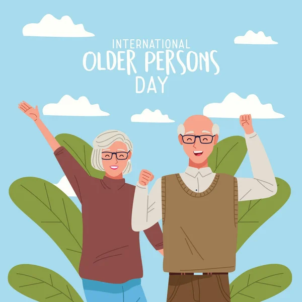 Міжнародний день людей похилого віку з старою парою святкування та листя — стоковий вектор