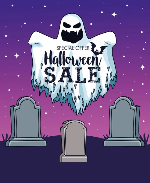 在墓地出售带有鬼魂的季节性海报之间 — 图库矢量图片