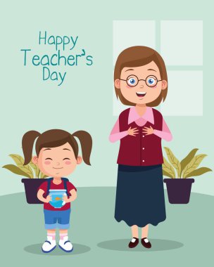 Öğretmen kadın ve akvaryumlu küçük kız öğrenci.