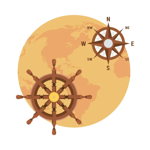 Mapa mundial de la tierra con guía de brújula y rueda del barco — Vector de stock