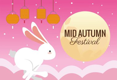 Sonbahar ortası kutlama kartı, tavşan koşuyor ve dolunay var.