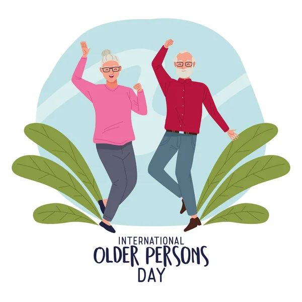Міжнародний день людей похилого віку з старою парою святкування та листя — стоковий вектор