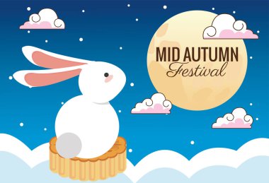 Sonbahar ortası kutlama kartı. Bulutlarda tavşan ve ay manzaralı.