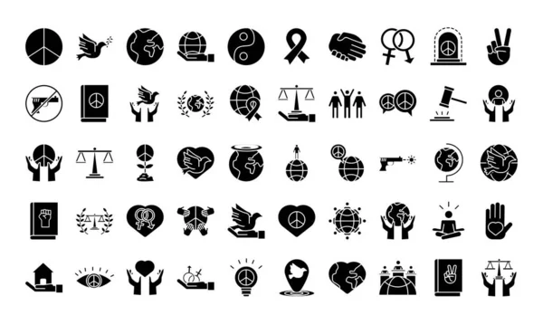 Paquete de cincuenta iconos de conjunto de estilo de silueta de derechos humanos — Archivo Imágenes Vectoriales