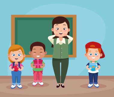 bir grup öğrenci ve öğretmen sınıfta.