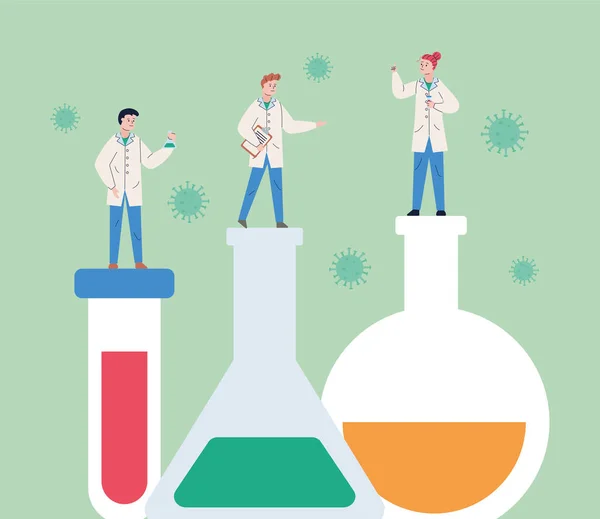 Ομάδα επιστημονικών στοιχείων με δοκιμαστικό εμβόλιο για την έρευνα σε σωλήνες — Διανυσματικό Αρχείο