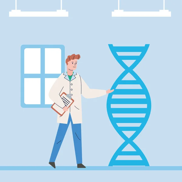 具有DNA分子研究疫苗的男性科学家 — 图库矢量图片