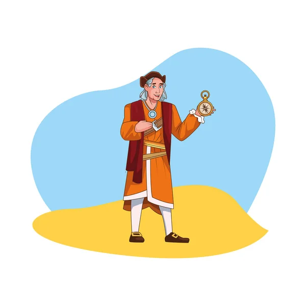 Christopher Columbus with compass character — Stock Vector