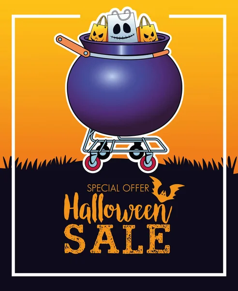 Halloween verkoop seizoensgebonden poster met boodschappentassen in ketel kar — Stockvector