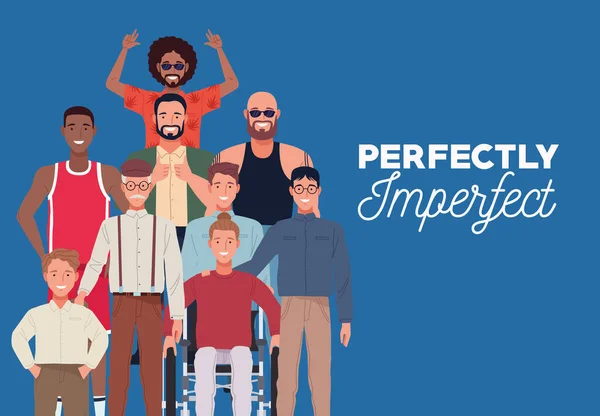 Personas perfectamente imperfectas agrupan personajes en fondo azul — Vector de stock