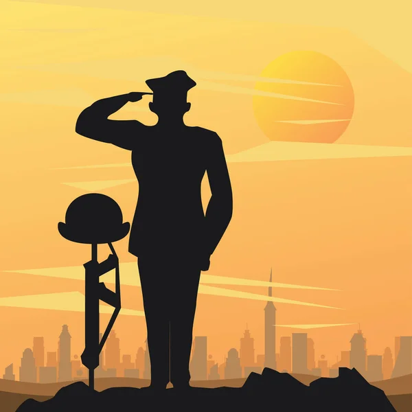 Oficial militar com capacete soldado no rifle sunset cena — Vetor de Stock