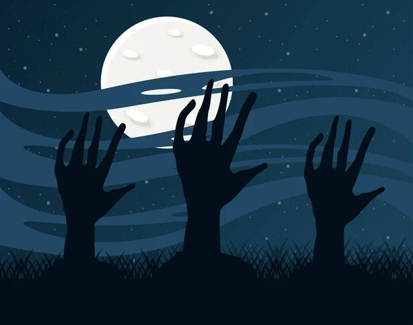 Muerte zombie manos y luna llena en la escena de la noche — Vector de stock