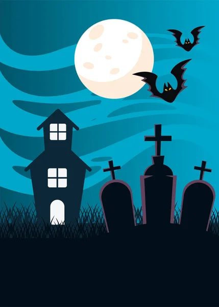 Halloween sombre château hanté et chauves-souris volant dans le cimetière — Image vectorielle