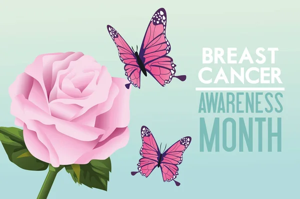 Mês de conscientização do câncer de mama cartaz campanha com borboletas e rosa — Vetor de Stock