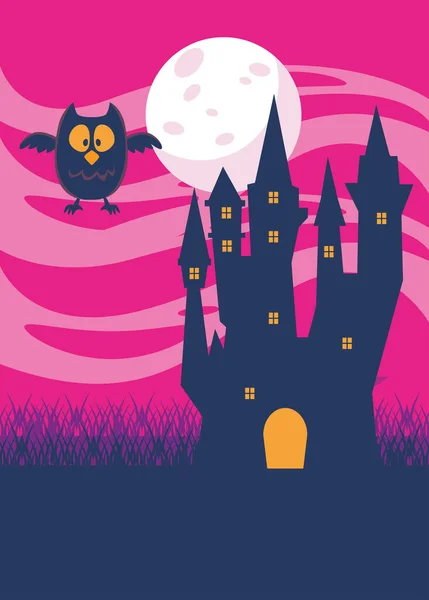 Halloween oscuro castello infestato e gufo nella scena notturna — Vettoriale Stock