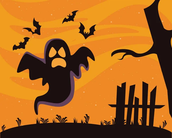 Murciélagos de Halloween volando con escena fantasma — Vector de stock