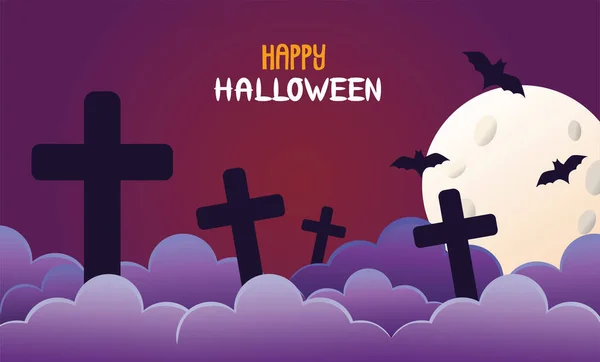 Halloween netopýři létání a hřbitov v měsíci — Stockový vektor