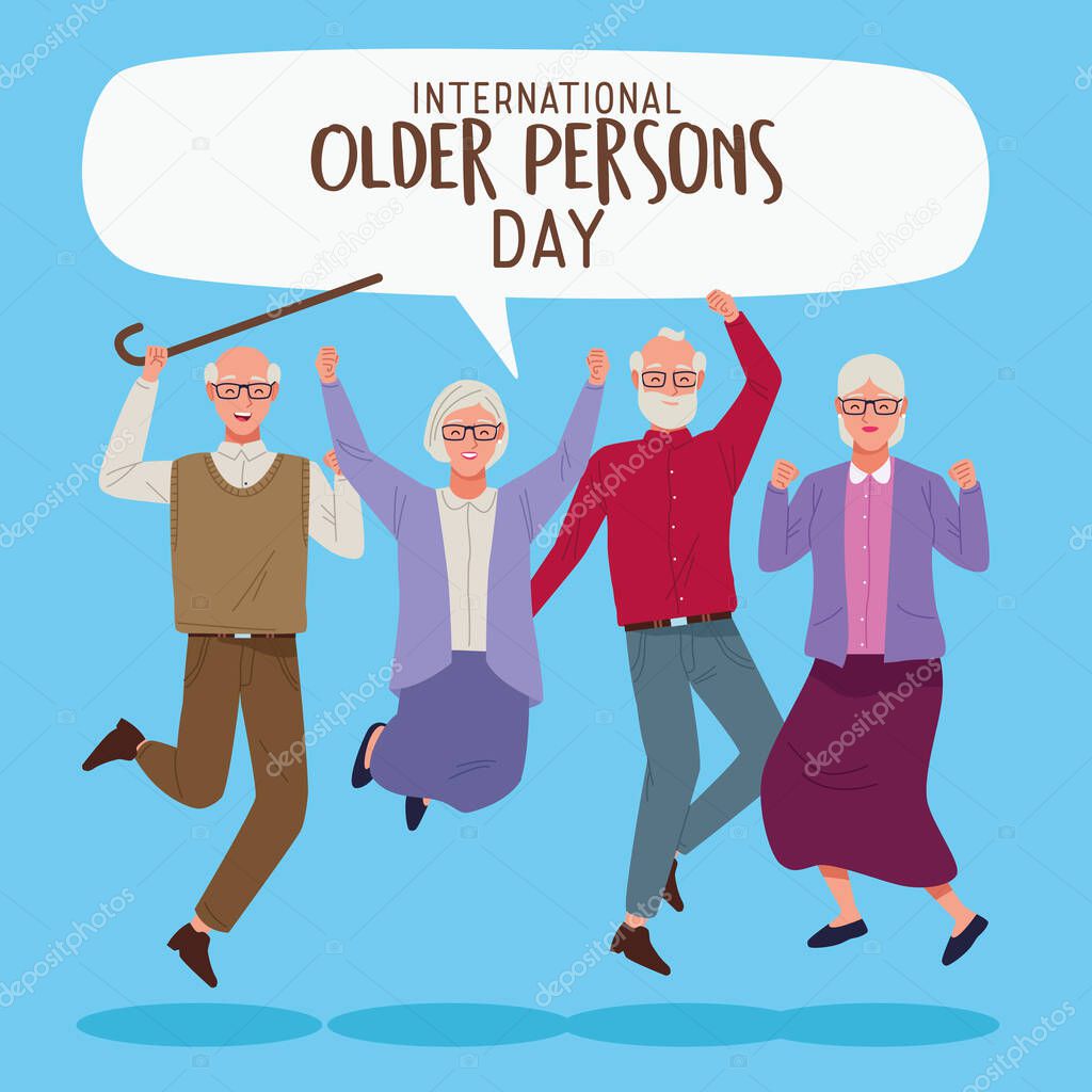 international older persons day lettering with old people jumping and speech bubble