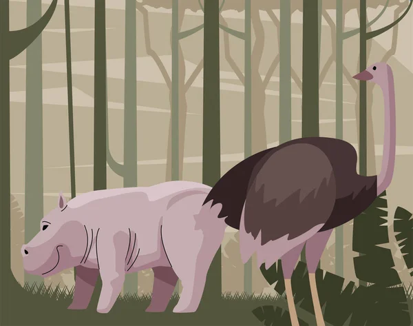 Hippopotame sauvage et oztrich dans la scène forestière — Image vectorielle