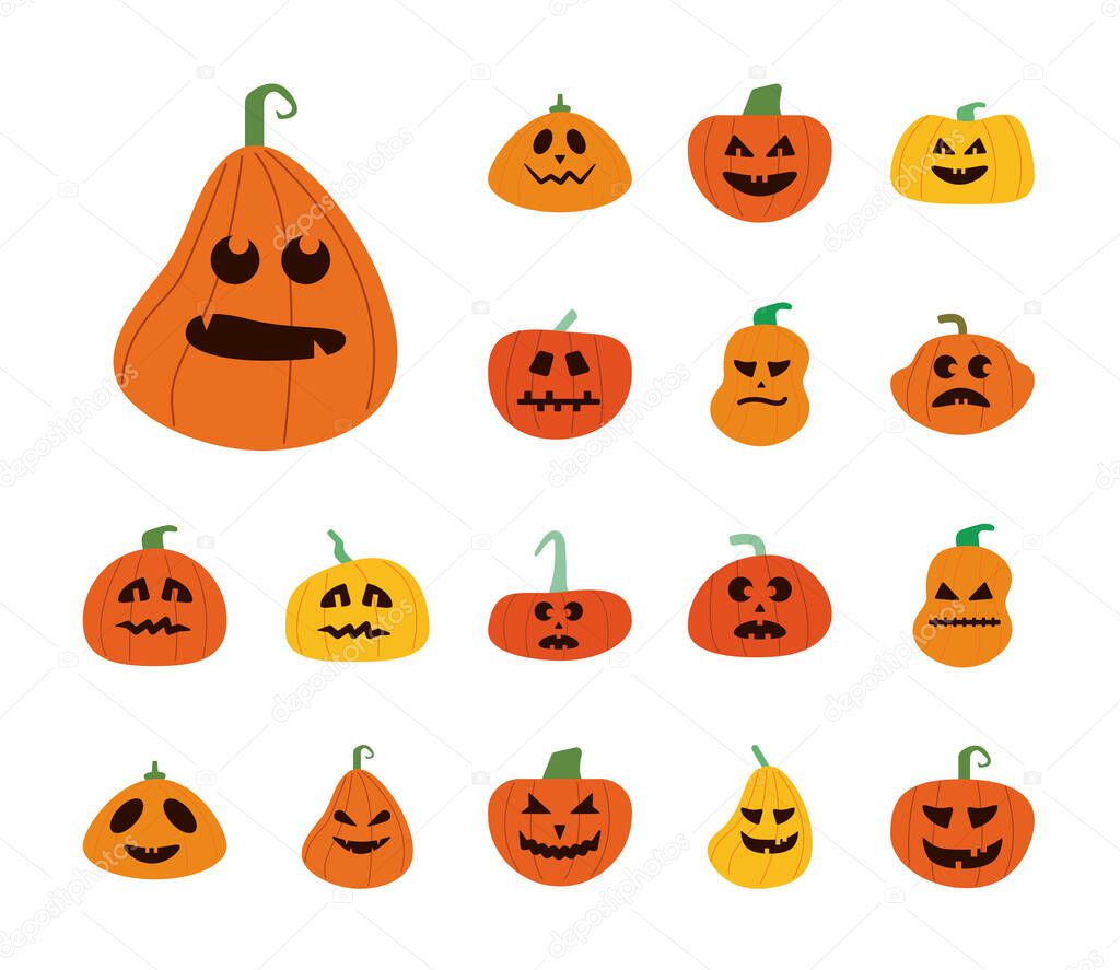 bundle of halloween pumpkins in white background flat style icons